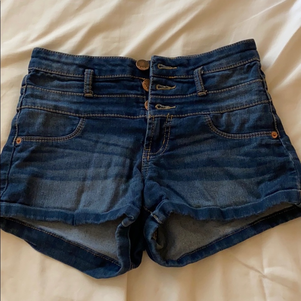 dark blue high waisted denim shorts